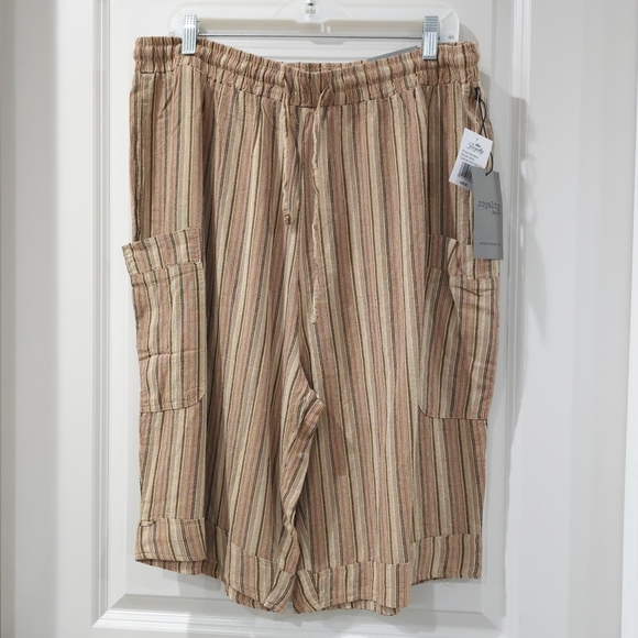 Ladies Striped Linen Blend Tan Women's Shorts, Elastic Drawstring Waist, XL - Picture 12 of 12